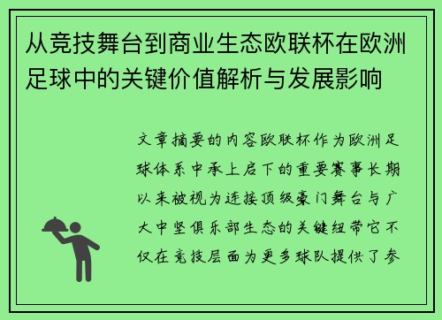 从竞技舞台到商业生态欧联杯在欧洲足球中的关键价值解析与发展影响 从竞技舞台到商业生态欧联杯在欧洲足球中的关键价值解析与发展影响